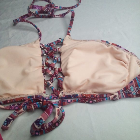 Xhilaration Swim Bikini Top XS Strappy Patterned Pink Purple - Picture 2 of 15